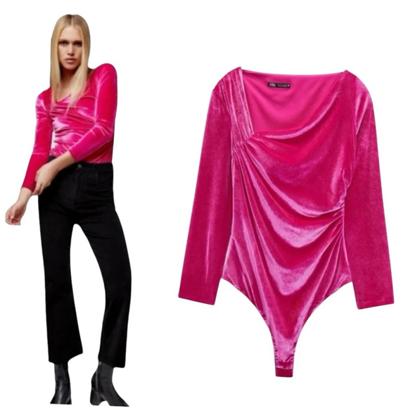 ZARA Pink Velvet Bodysuit Asymmetric Neck Long Sleeve Magenta Pink Size S - Picture 1 of 15